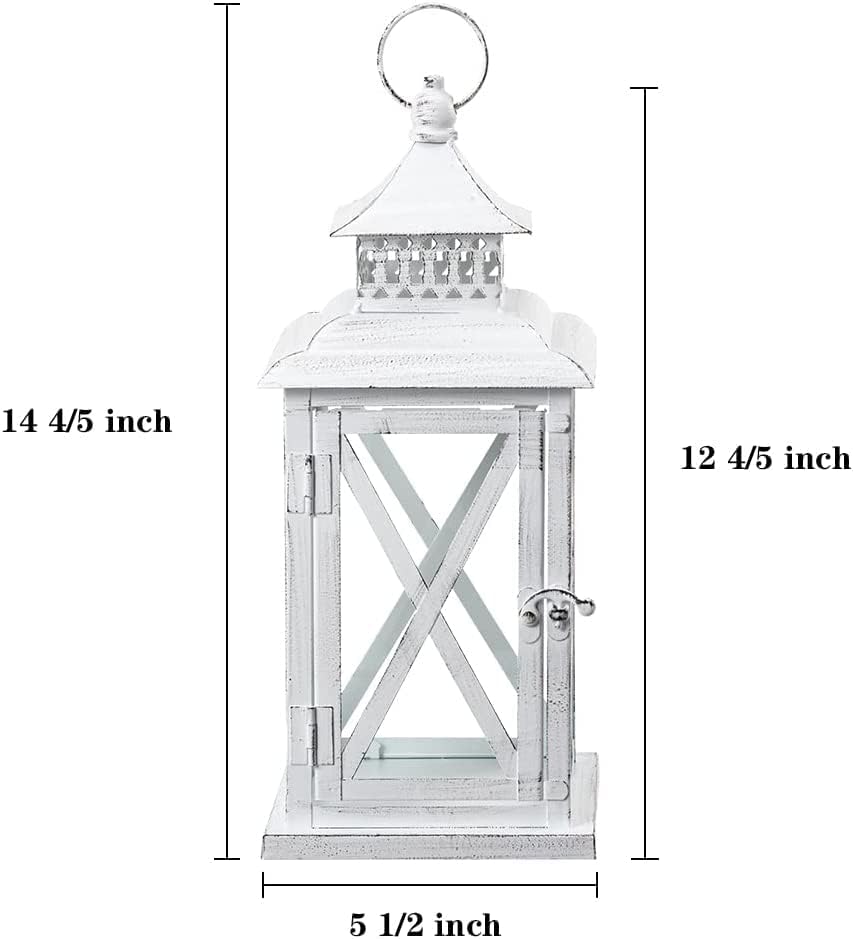 DECORKEY Lantern Decorative Indoor & Outdoor, Large Square Hanging Spring Home Decor, Vintage Metal Decorative Candle Lanterns for Outdoor Patio Wedding Party White with Black Brush