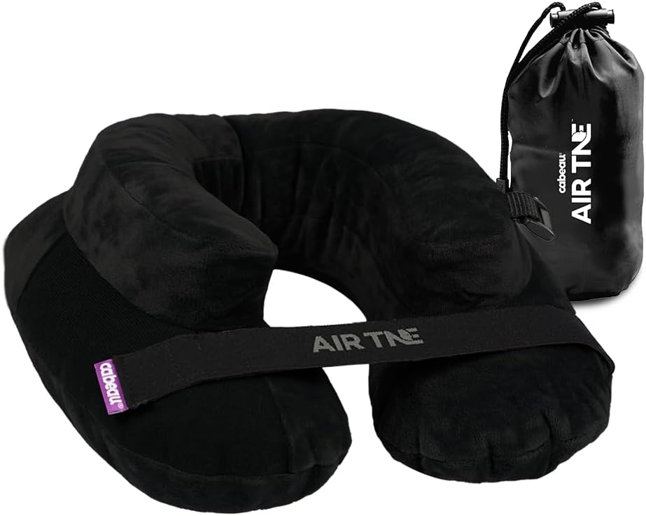 Cabeau Inflatable Travel Pillow – Air TNE – Adjustable, Lightweight, and Supportive for Sleeping on Airplanes, Trains, and Cars– Customized Fit and Compact Carrying Case (Midnight Black)