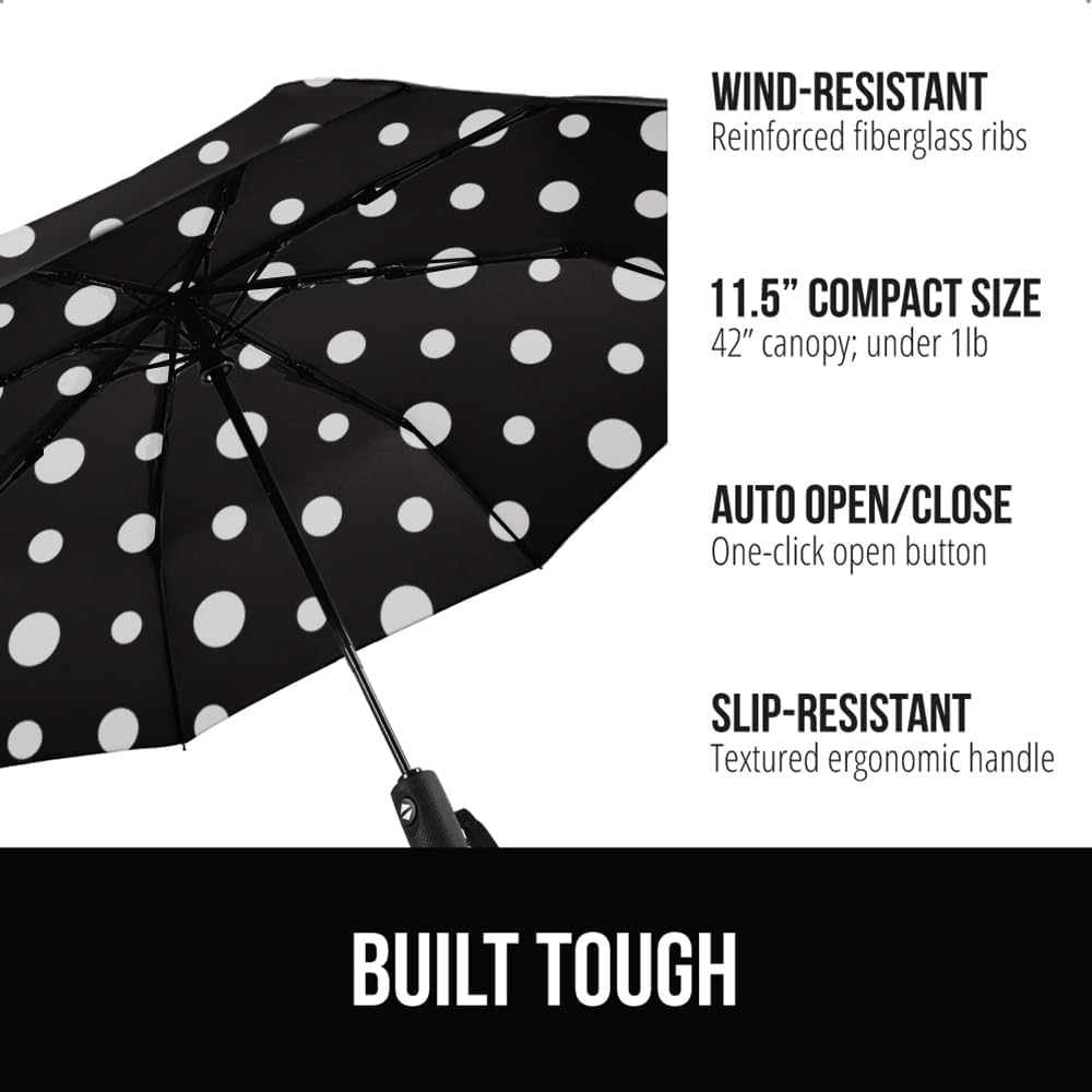 GORILLA GRIP Strong Stick Umbrella for Rain, Compact Travel One-Click Automatic Open Close, Lightweight, Portable, US Designed Reinforced Fiberglass Ribs, Wind Resistant, Easy Collapse, Polka Dots