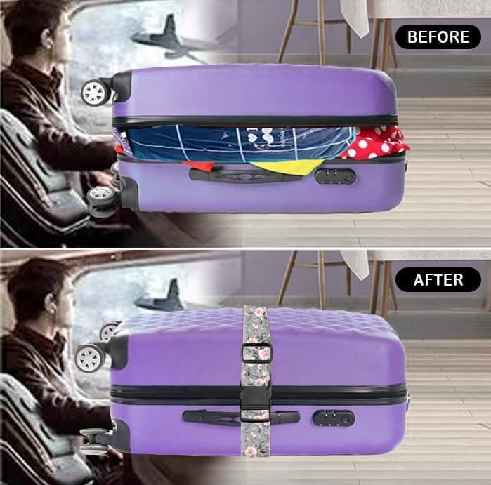 Luggage Straps for Suitcases Travel Belt Accessories, Cute Suitcase Strap, Adjustable Luggage Belt Strap, Heavy Duty with Quick-Release Buckle Luggage Strap Grey Pink Roses