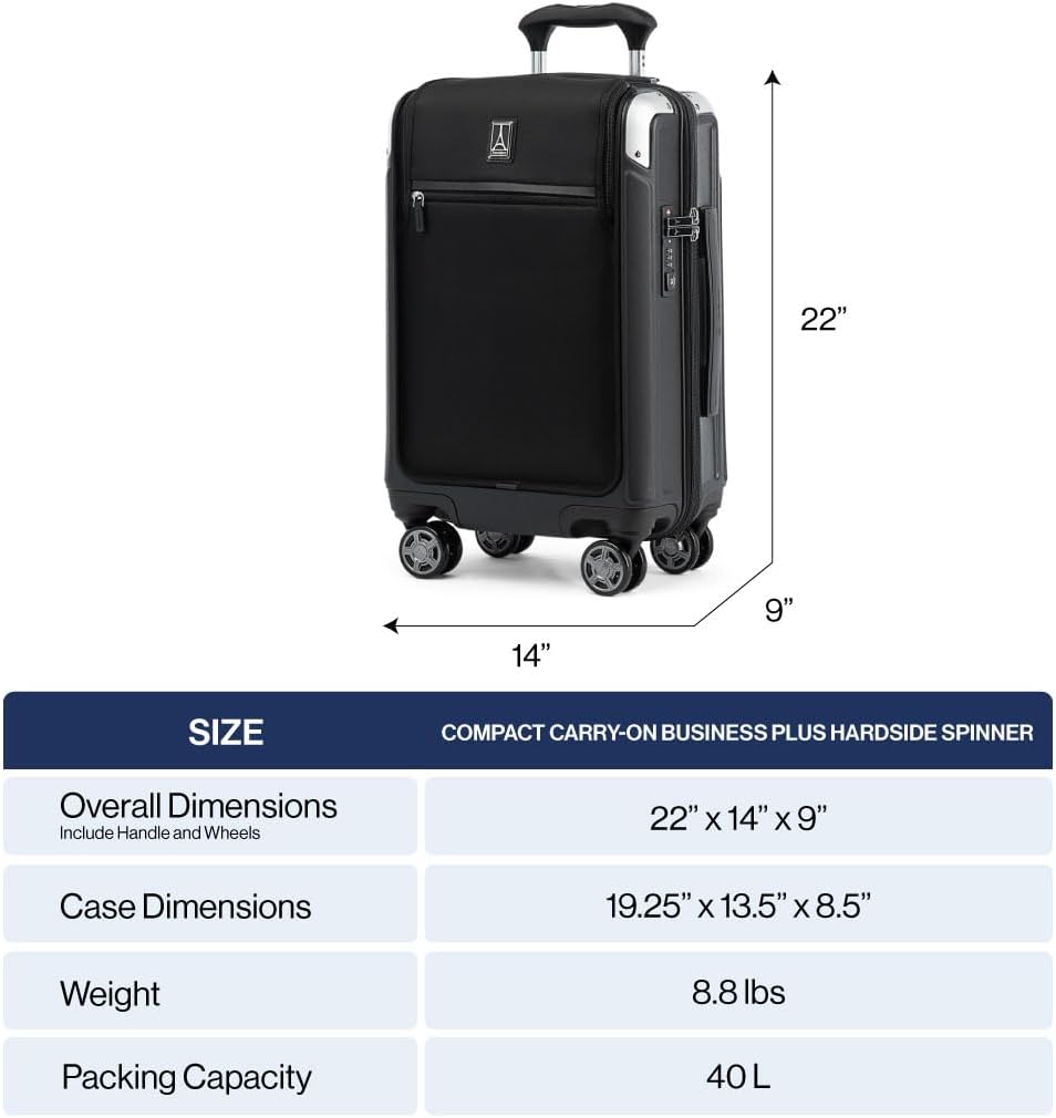 Travelpro Platinum Elite Hardside Expandable Carry on Luggage, 8 Wheel Spinner, TSA Lock, Hard Shell Polycarbonate Suitcase, Shadow Black, Compact Carry on Laptop Pocket 20-Inch