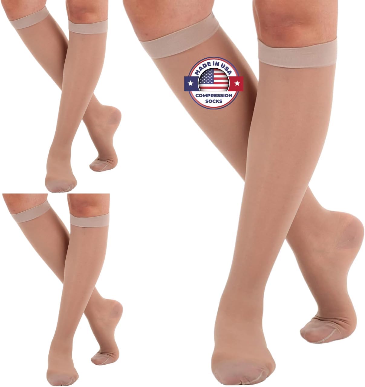 (3 Pairs - Closed Toe) Wide Calves Sheer Compression Socks for Women 15-20mmHg - Womens Compression Stockings for Circulation during Sport, Work, Travel, Flight - Nude, 4X-Large - A101NU7-3