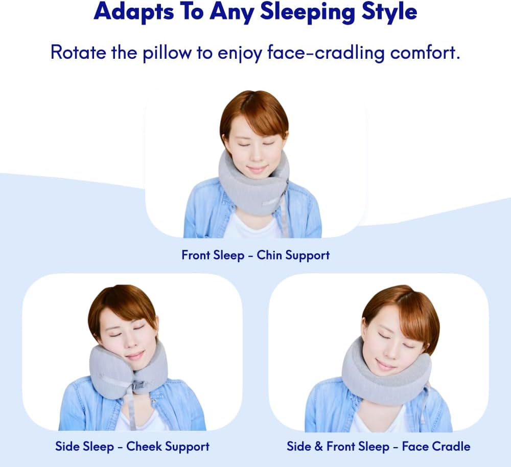 C CUSHION LAB Travel Pillow, Award-Winning Patented Ergonomic Design for Chin & Neck Support Memory Foam Neck Pillow, Compact Airplane Pillow for Traveling, Flight, Car (Gray, Medium)