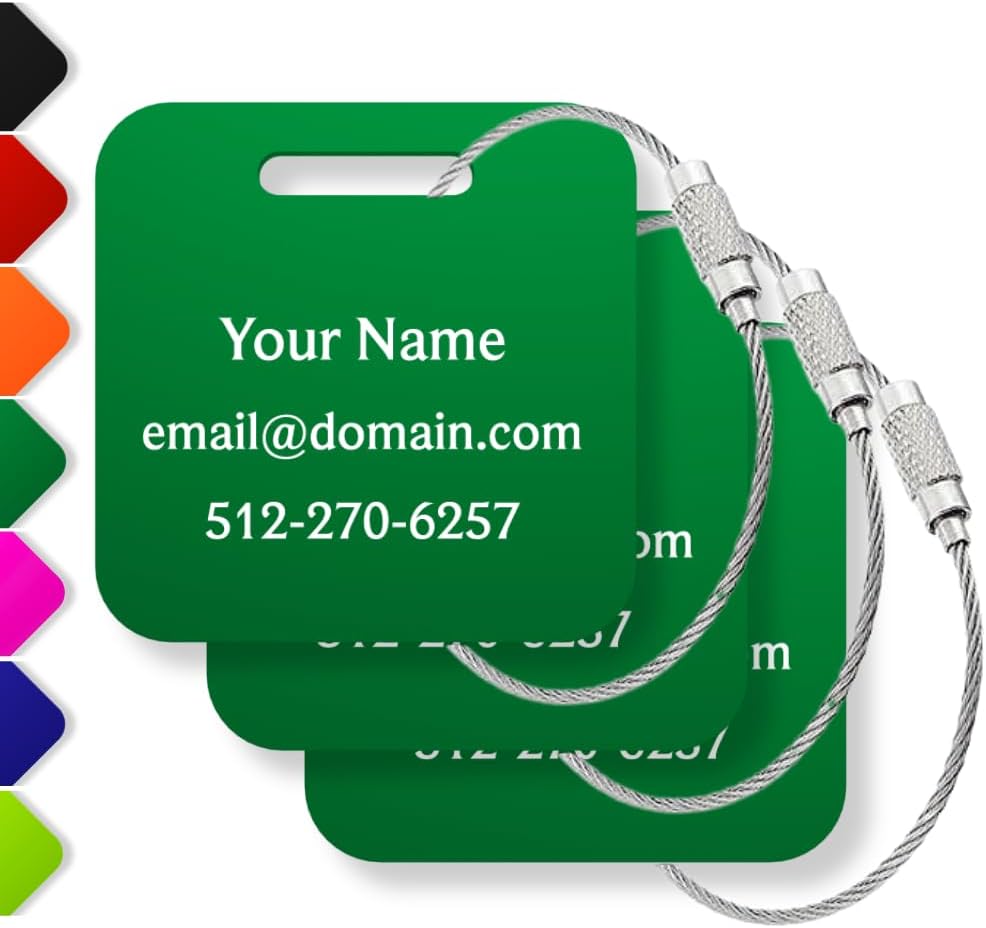 Custom Luggage Tags (3 or 6 Pack) - Personalized Unique Suitcase & Backpack Travel, Durable, Waterproof & Heavy Duty (Dark Green)