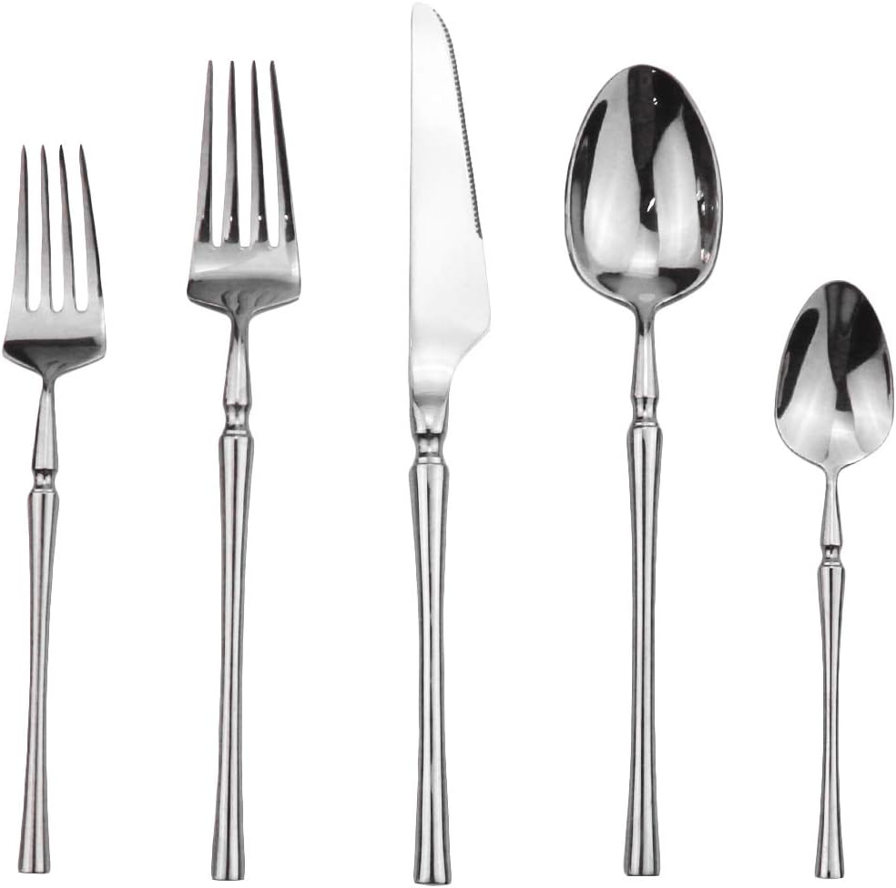 Gugrida Silver Silverware Set, 5-Piece 18/10 Stainless Steel Flatware Cutlery Set for 1,Mirror Finish, Ideal for Wedding Festival Party Home Kitchen, Dishwasher Safe
