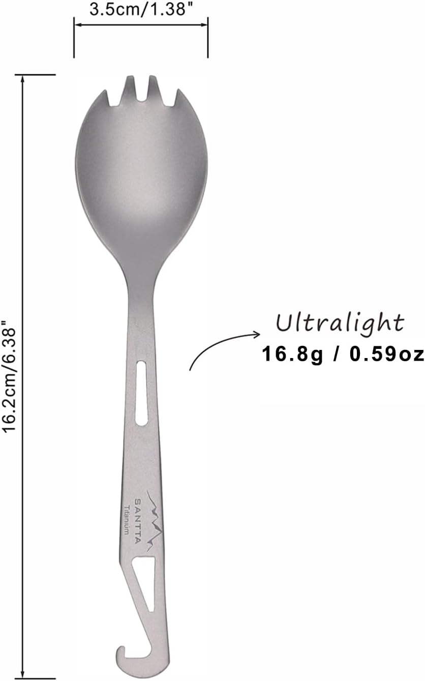 SANTTA Titanium Camping Spork Set of 2 Piece, Spoon Fork and Bottle Opener 3 in 1, Ultra light Multifunctional Ti Utensils with Storage Bag for Camping Backpacking Hiking Fishing Picnic and Travel