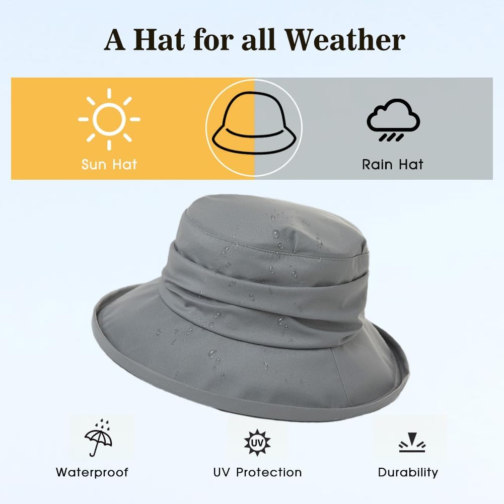 Comhats Rain Hat for Women Waterproof Wide Brim Sun Hats for Ladies UV Protection Summer Bucket Hats Beach Packable 55-62CM