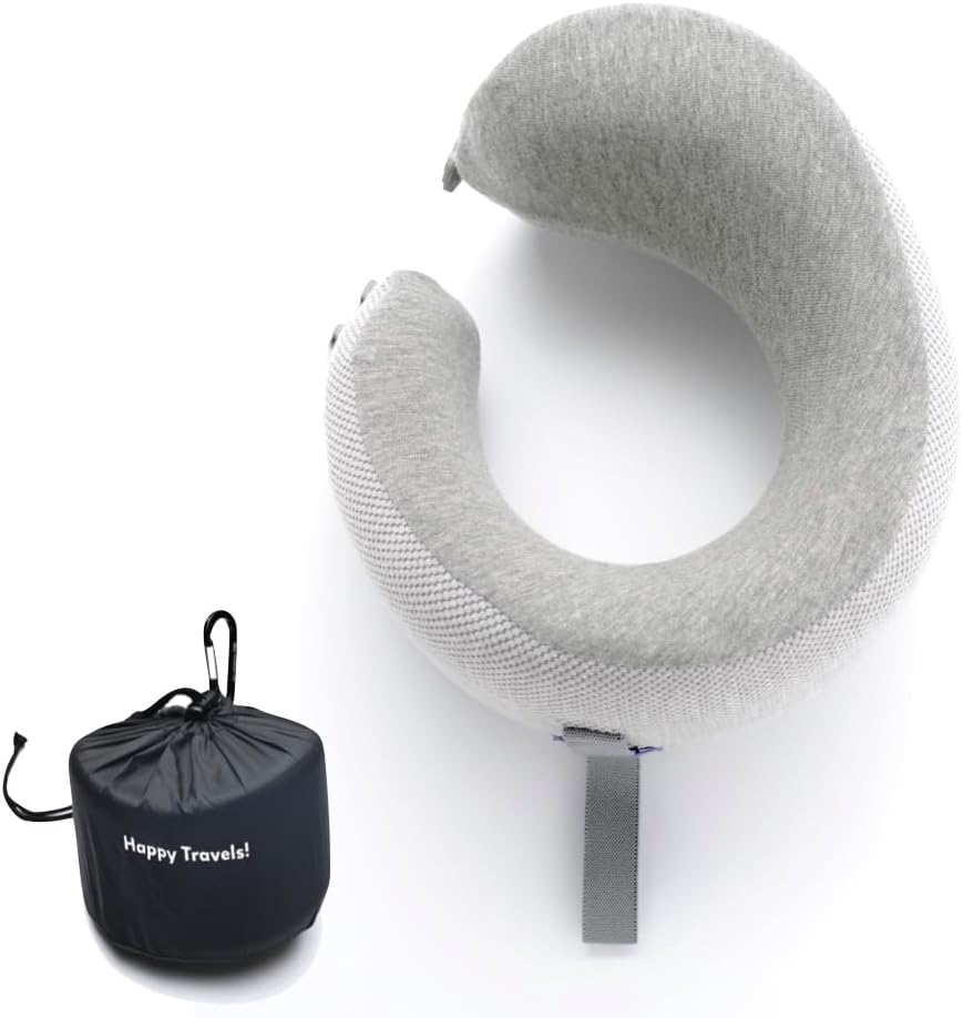 C CUSHION LAB Travel Pillow, Award-Winning Patented Ergonomic Design for Chin & Neck Support Memory Foam Neck Pillow, Compact Airplane Pillow for Traveling, Flight, Car (Gray, Medium)