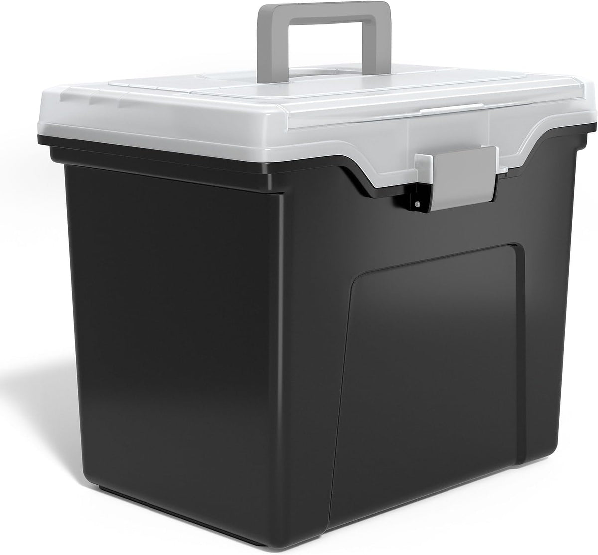 STAPLES File Folder Tote, Portable Filing Box, Letter Size Hanging Folders, Security Latch & Built-In Lid Organizer, Black/Clear