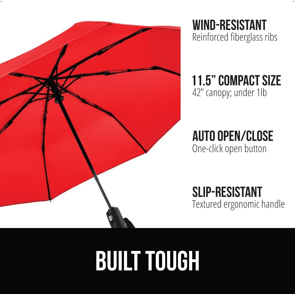GORILLA GRIP Strong Stick Umbrella for Rain, Compact Travel One-Click Automatic Open Close, Lightweight, Portable, US Designed Reinforced Fiberglass Ribs, Wind Resistant, Easy Collapse, Red