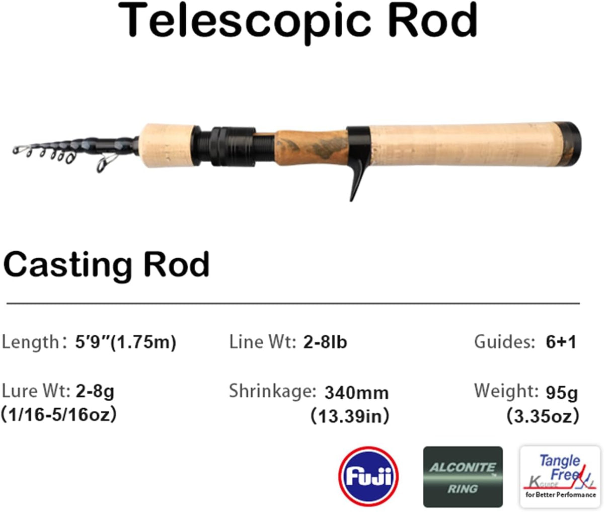 PURELURE Telescopic Fishing Rod Ultralight or Light, Carbon Fiber Rod Spinning & Casting, Fuji Alconite Ring and Reel Seat, One-Piece Mixed Carbon/4A Cork Handle, Spare Solid Tip, Portable Travel Rod