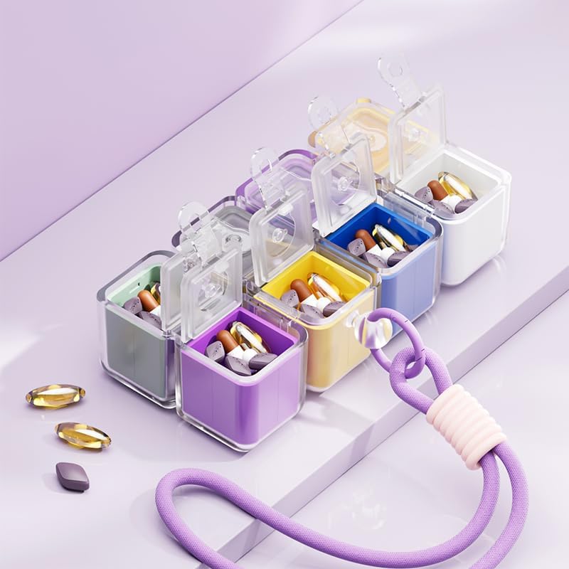 Purse Pill Organizer,Magnetic Cube Cute Pill Box,Pill Compact with 8 Compartment,Vitamin Container Weekly Pill Case (Blue)