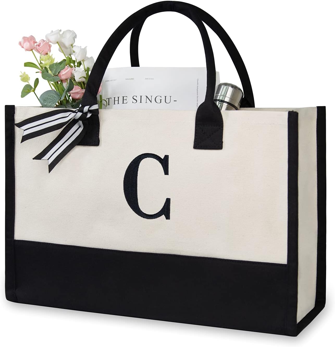TOPDesign Embroidery Initial Canvas Tote Bag, Personalized Present Bag, Suitable for Wedding, Birthday, Beach, Holiday, is a Great Gift for Women, Mom, Teachers, Friends, Bridesmaids (Letter C)