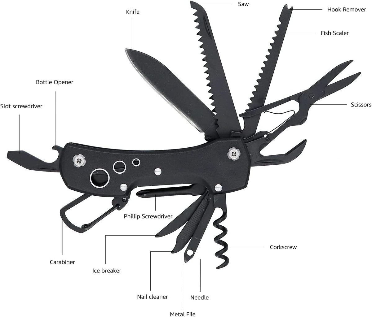 Amazon Basics 15-in-1 Stainless Steel Multitool Pocket Knife with Sheath, Black