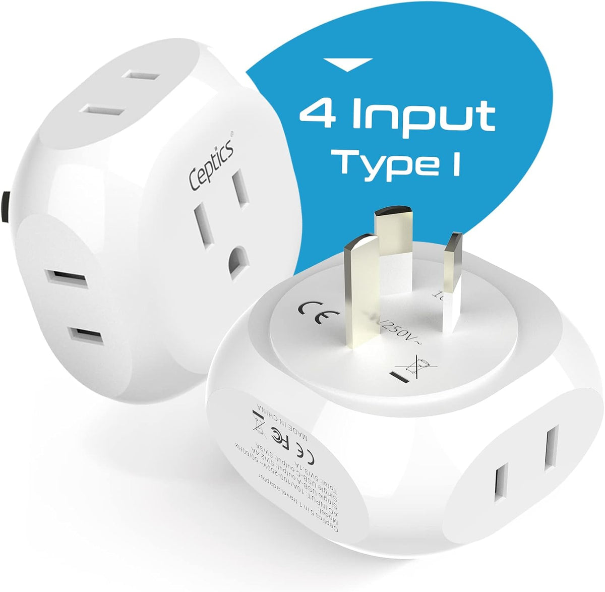 Ceptics Australia, New Zealand, China Travel Plug Adapter by - 4 Input - USA to Any Type I Countries Such as New Zealand, Argentina and More - 4 Pack (PT-16), White (PT-16-4PK)