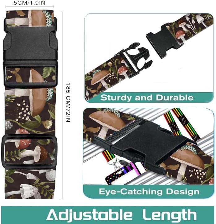 Luggage Straps for Suitcases Travel Belt Accessories, Cute Suitcase Strap, Adjustable Luggage Belt Strap, Heavy Duty with Quick-Release Buckle Luggage Strap Boho Mushrooms
