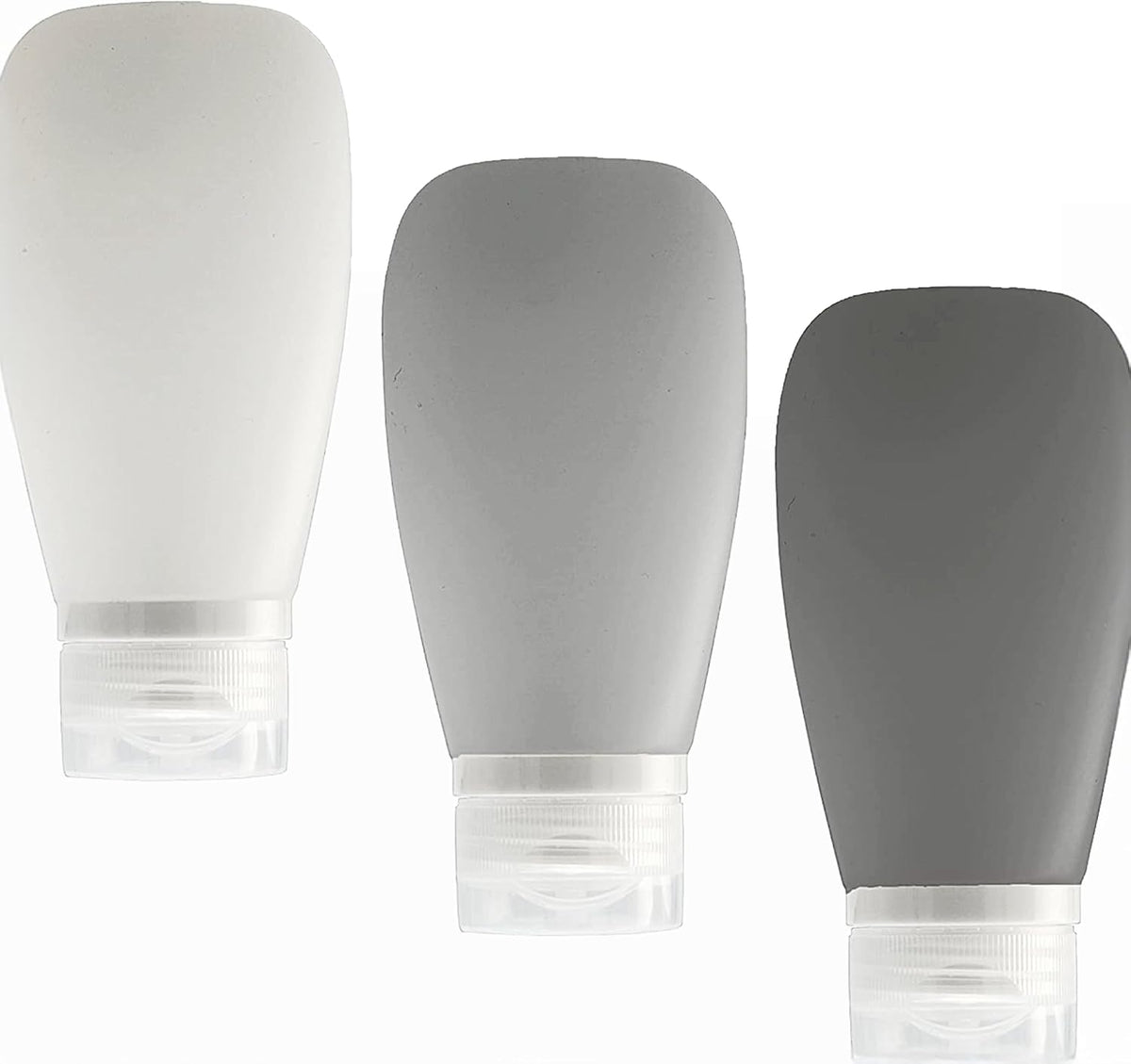 Travel Bottles for Toiletries, TSA Approved 3oz Leak Proof Silicone Refillable Squeeze Travel Size Containers BPA Free for Cleansers, Lotions, Shampoo 3-pk (Black-Gray-White)