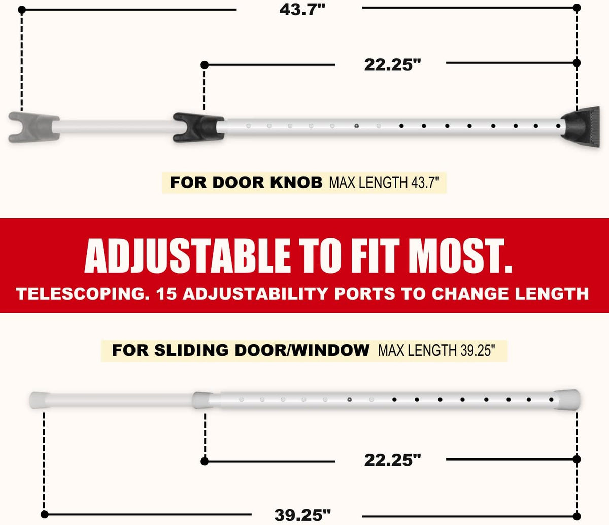SECURITYMAN 2-in-1 Door Security Bar & Sliding Patio Door Security Bar (2 Pack) via Interchangeable Caps - Heavy Duty Iron Construction Door Stoppers for Home, Apartment, Travel Hotel - White