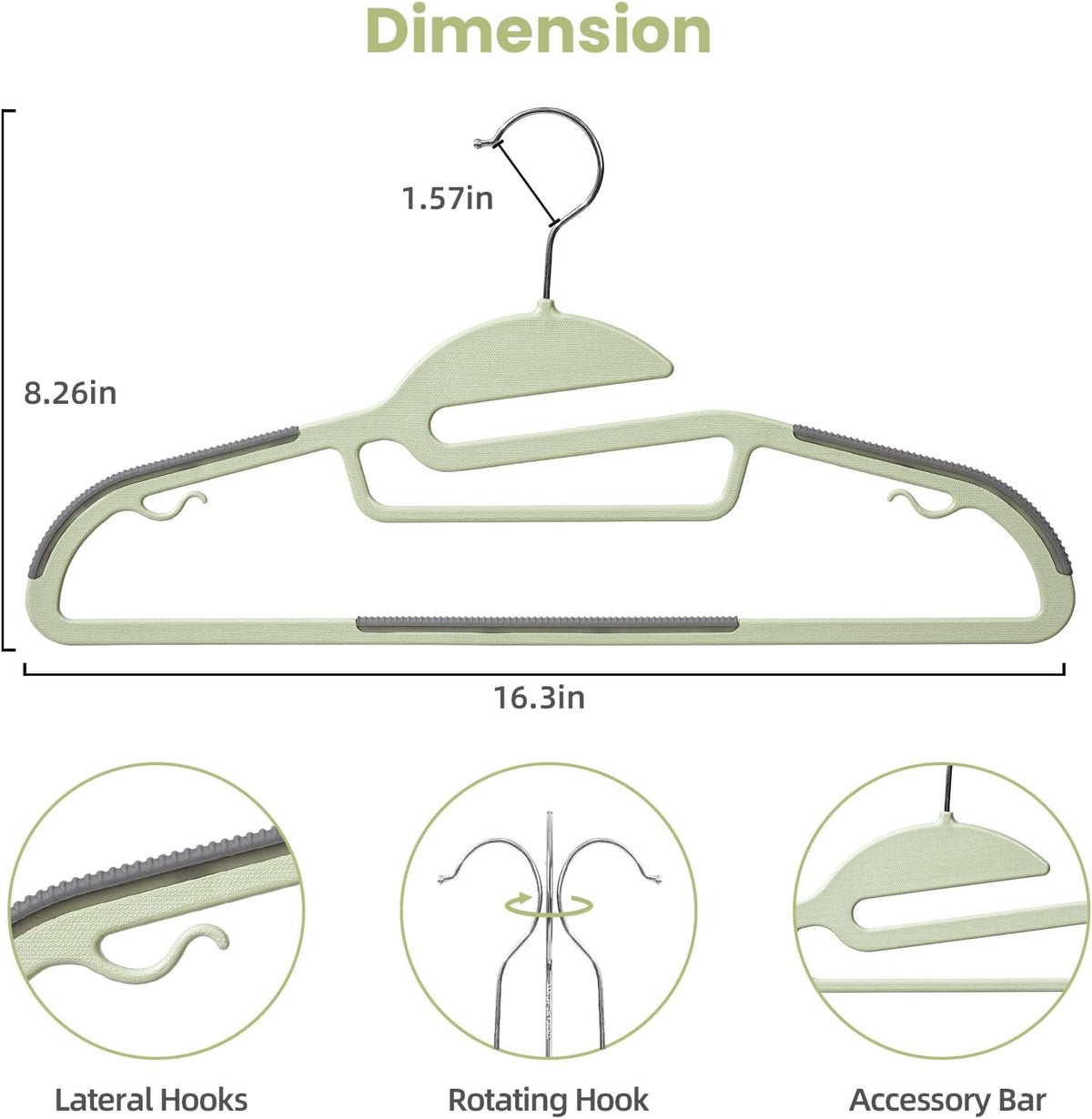 BAGAIL Plastic Hangers 50 Pack with Non-Slip Design,0.2 Inches Thick, 360°Swivel Hook Space Saving Organizer for Bedroom Closet,Shirts,Pants(Matcha Green- S Shaped)