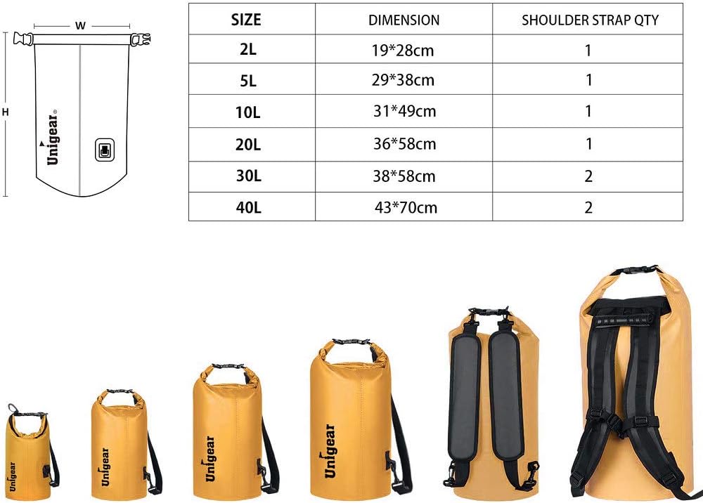 Unigear Dry Bag Waterproof, 2L/5L/10L/20L/30L/40L Floating and Lightweight Bags for Kayaking, Boating, Fishing, Swimming and Camping with Waterproof Phone Case