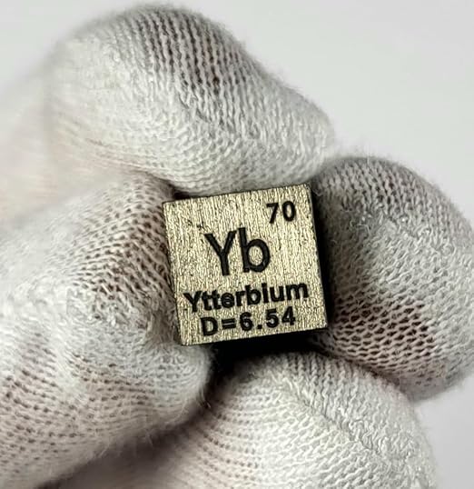 0.39" 10mm Ytterbium Metal Cube Yb up to 99.9% Pure Periodic Table Element Engraved Density Collection Science Education Display Block Cube + Acrylic Case Box - 1PC