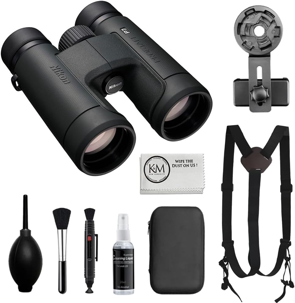 Nikon PROSTAFF P7 10x42 Binoculars Bundled with Harness Strap + Deluxe Cleaning Kit + Smartphone to Binocular Adapter + Microfiber Cleaning Cloth (5 Items)