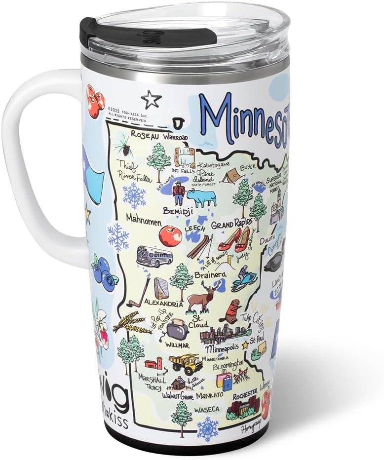 Swig Life 22oz Travel Mug, Insulated Tumbler with Handle and Lid, Travel Coffee Mug, Cup Holder Friendly, Stainless Steel 22 oz Tumbler, Reusable Insulated with Lid (Minnesota)
