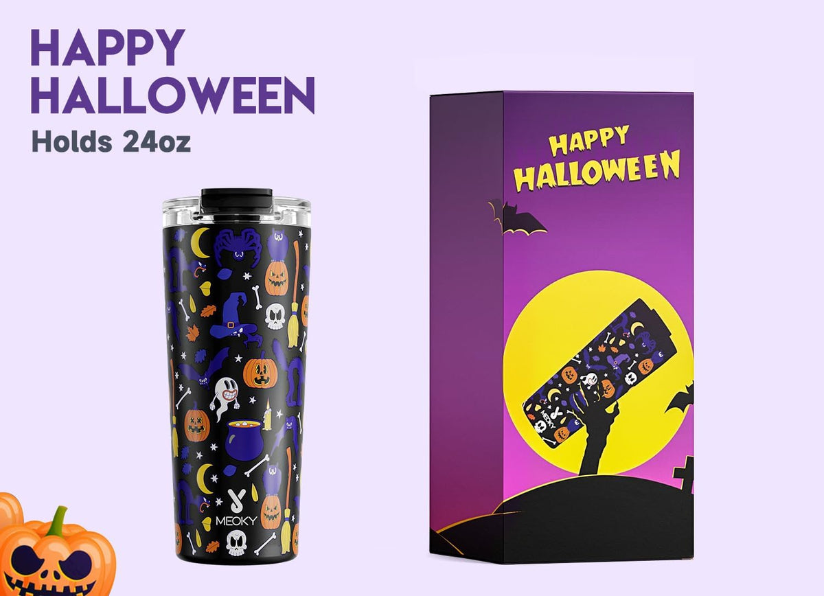 Meoky 24 oz Halloween Travel Coffee Mug with Leak-proof Lid, Glow in the Dark Stainless Steel Insulated Coffee Tumbler, Keeps Hot for 8 Hours, Fits in Car Cup Holder(Haunted Pumpkin)