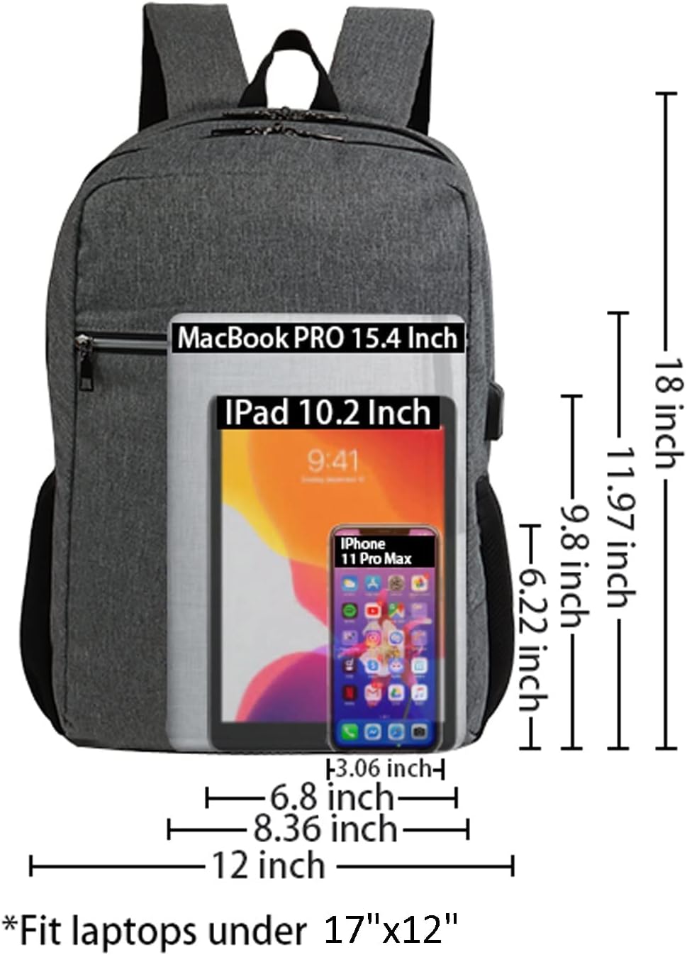 Laptop Backpack for Men Women, Travel Business Backpack with USB Charging Port and Anti Theft Pocket, Fits 17 Inch Laptop,Grey