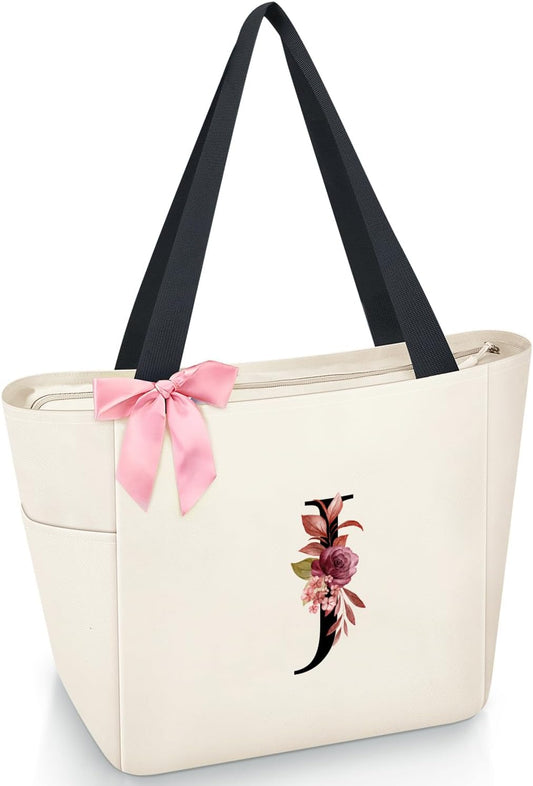 Vavabox Tote Bag, A-Z Initial Monogrammed Waterproof Tote Bag, Bridesmaid Gifts for Women, Black and Pink