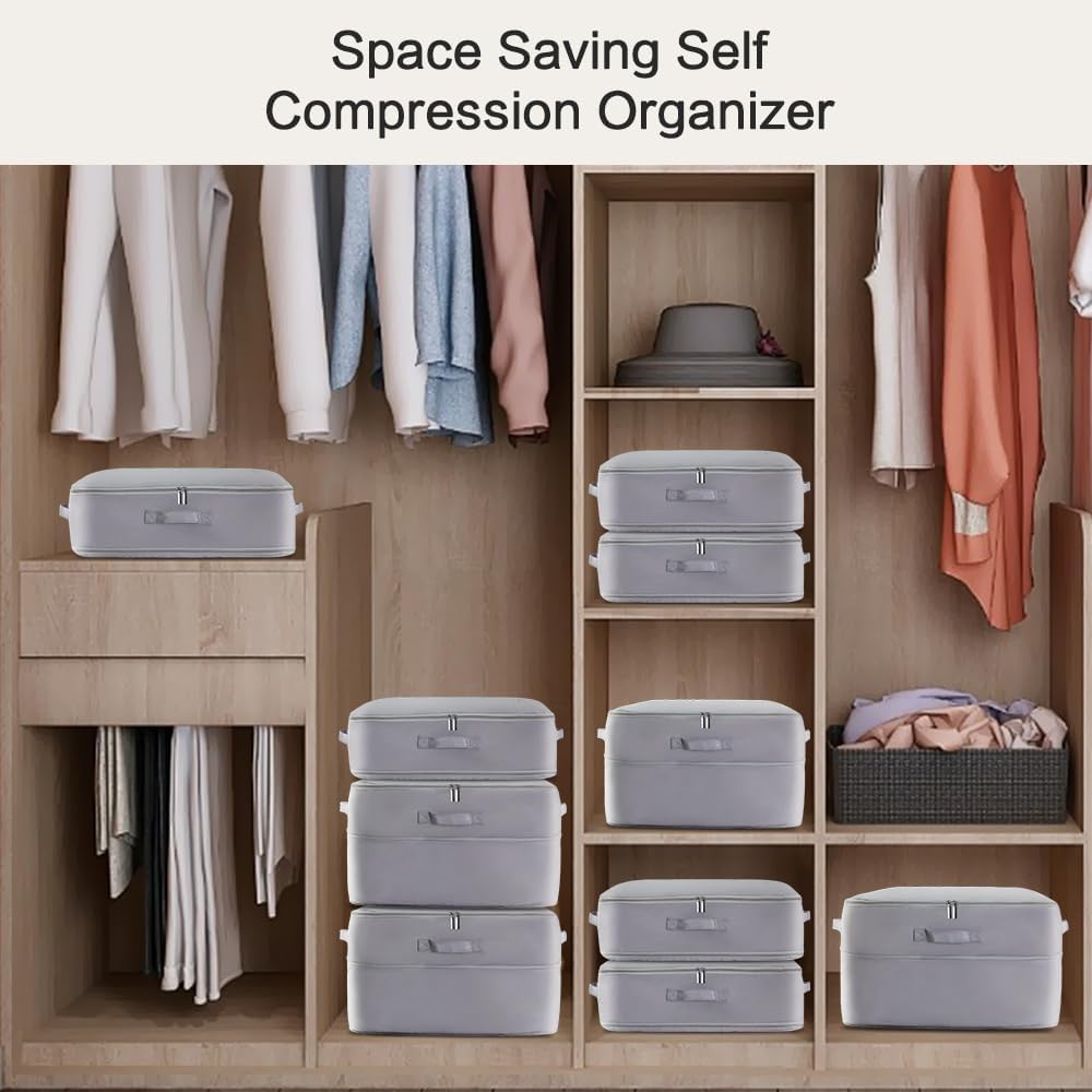 Ultra Space Saving Self Compression Storage Bags with Zipper, (Grey) -Compression Organize for Bedding, Comforter Storage Bag for Blankets Duvet Quilts Pillows