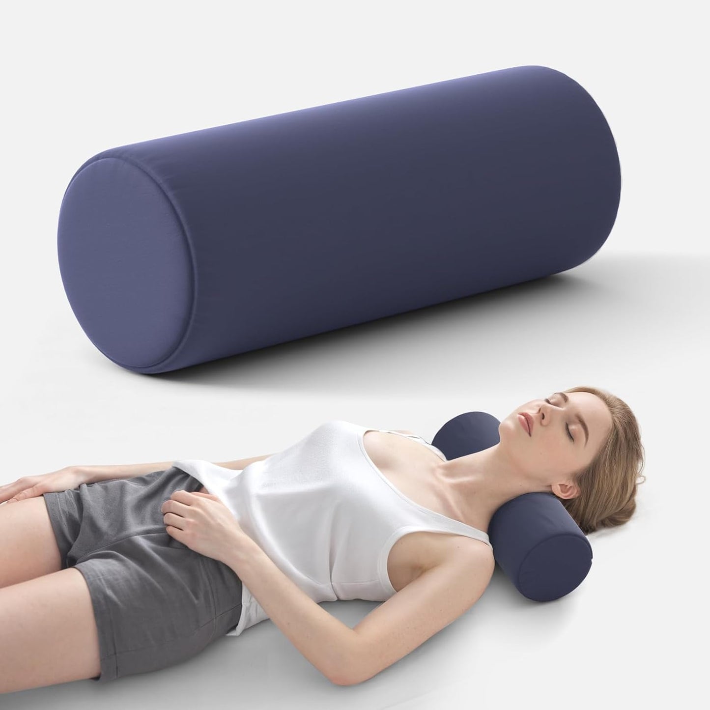 Neck Roll Pillow for Neck Pain Relief - Memory Foam Neck Support Pillow for Bed | Round Neck Pillow for Sleeping, 16 * 6.3 * 6.3inch ((Navy-Blue)