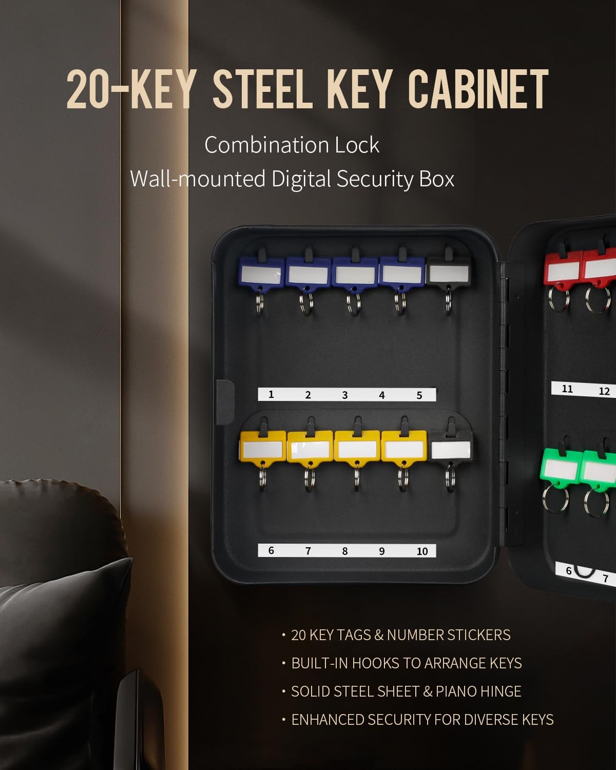 Uniclife 20 Position Key Cabinet with Combination Lock Resettable Black Digital Security Storage Box Steel Key Organizer with Colorful Key Tag Labels Stickers and Hooks
