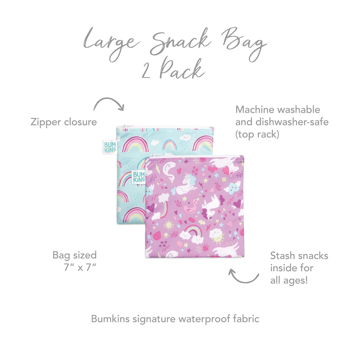 Bumkins Reusable Sandwich and Snack Bags, for Kids School Lunch and for Adults Portion, Washable Fabric, Waterproof Cloth Zip Bag, Travel Pouch, Food-Safe, Large 2-pk Unicorns and Rainbows