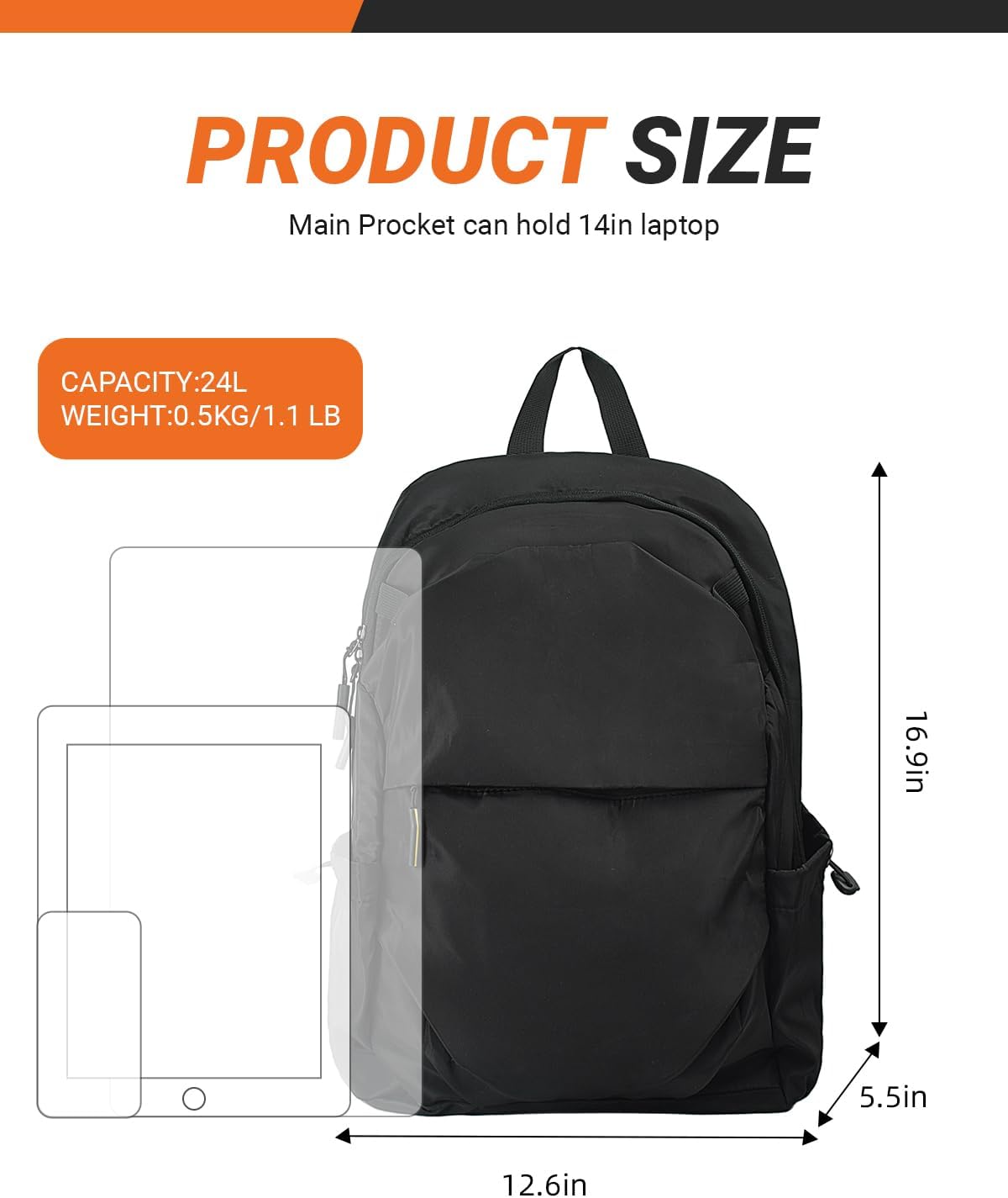 Multi-Pocket Laptop Backpack, 24L Capacity, Fits 14-inch Laptop, 16.9x12.6x5.5 inches, 1.1 lbs, Black/Navy/Gray (GREY)