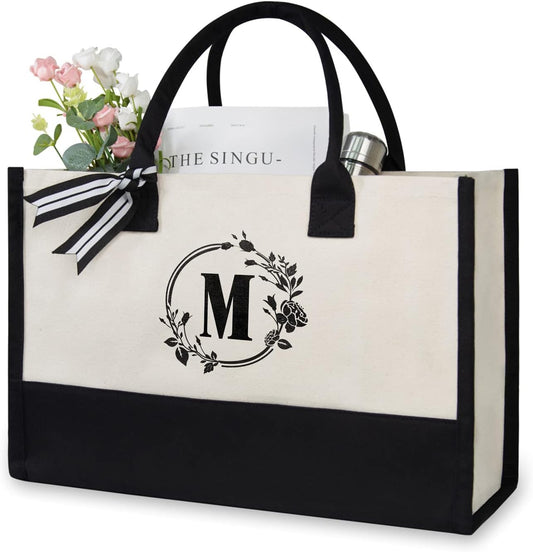 TOPDesign Personalized Initial Jute/Canvas Beach Bag, Monogrammed Gift Tote Bag for Women