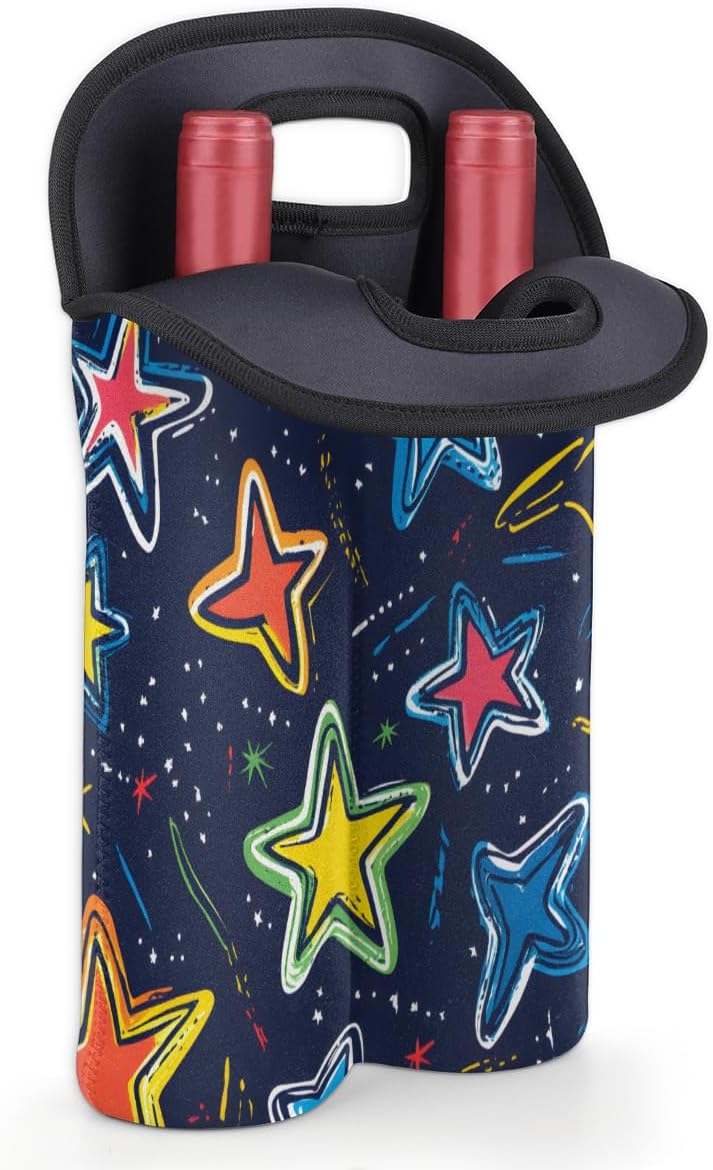 Neoprene Wine Tote, Bottle Carrier Gag Insulating Neoprene Thicker, Insulated Wine Bag for Travel Holds Two Bottles, Bottle Carrier Bags Protect the Bottles, Colorful Stars