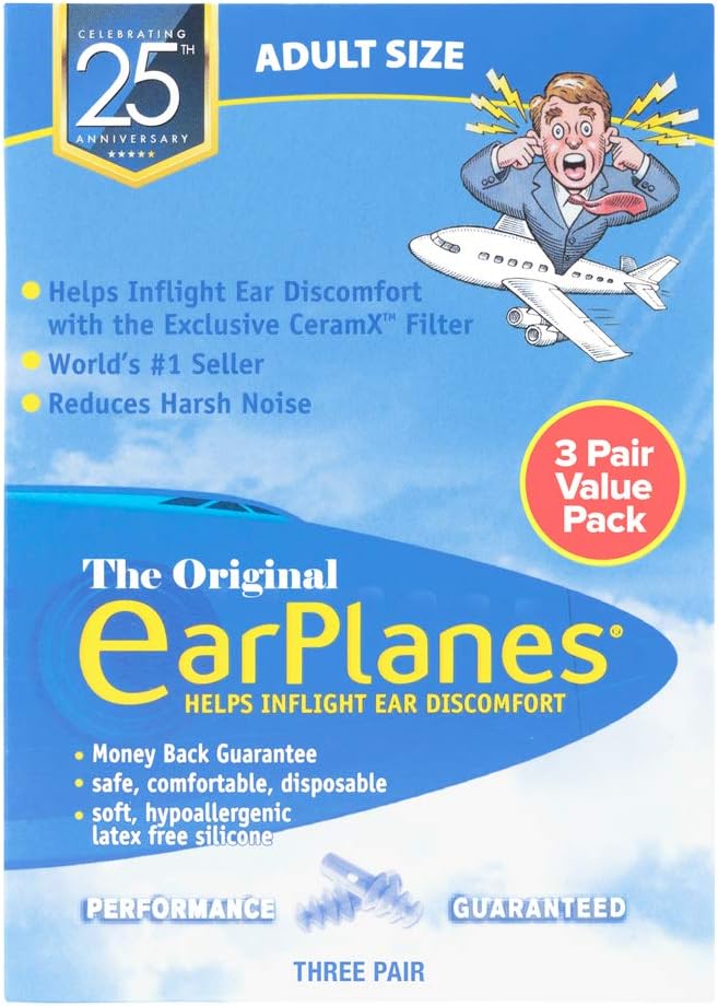 New Super Soft Adult EarPlanes® Ear Plugs Airplane Travel Ear Protection 3 Pair