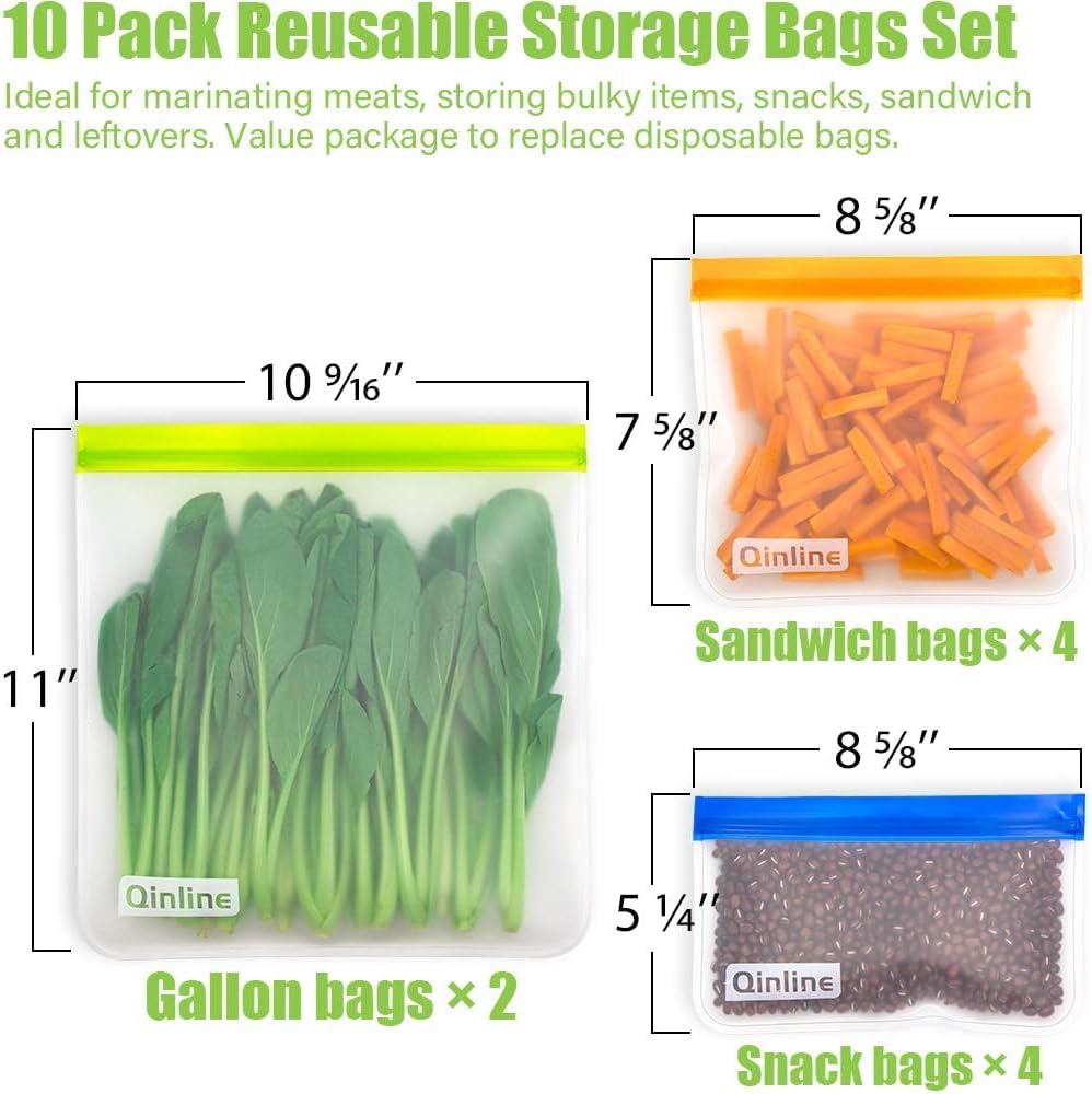 Reusable Food Storage Bags - 10 Pack Freezer Bags, Reusable Bags Silicone, Extra Thick Leakproof Reusable Lunch Bag for Salad Fruit Snack Travel - 2 Gallon 4 Sandwich 4 Snack Bags