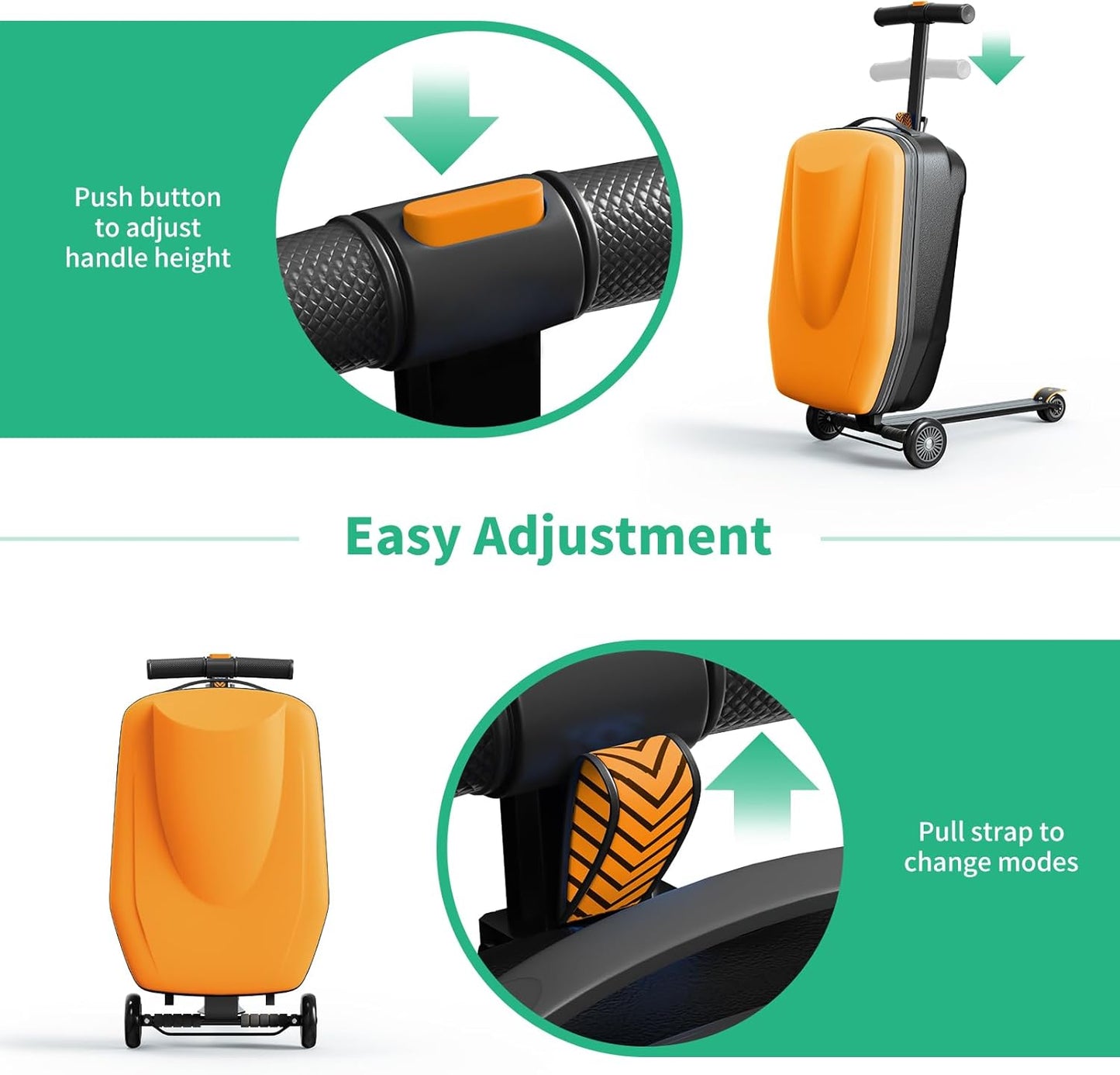 Scooter Hardshell Kids' Luggage, Foldable Carry on Kids Suitcase with Telescopic Handle for Travel, Multifunctional Ride On Lightweight Luggage with Wheels, Vitality Orange