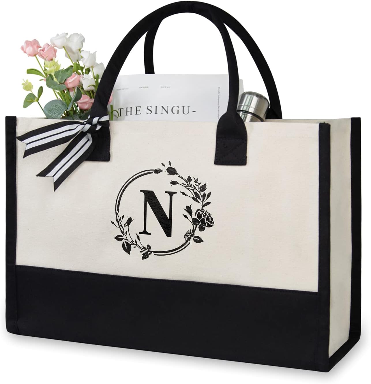 TOPDesign Personalized Initial Jute/Canvas Beach Bag, Monogrammed Gift Tote Bag for Women