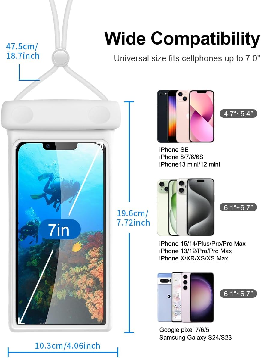 wellhouse Waterproof Phone Pouch, Waterproof Phone Case for iPhone 16 15 14 13 12 Pro Max XS Samsung, IPX8 3D Cellphone Dry Bag Beach Essentials (2 Pack - Duke Black & White7.0, 7 inch)