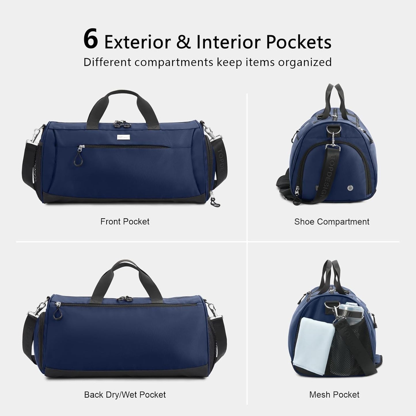 TOPDesign Gym Bag for Women & Men, Unisex Duffel Bag with Shoe Compartment & Wet Pocket for Travel Sports Gym (M Blue)