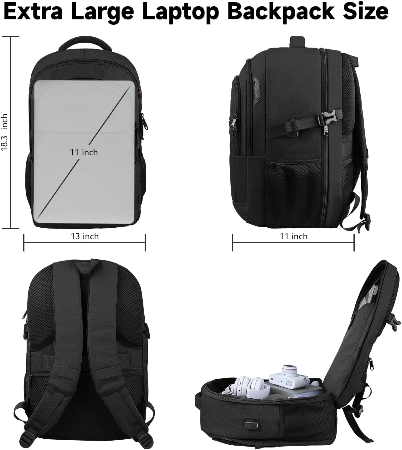 Travel Backpack, Large Carry on Backpack, 17 Inch Laptop Bag, Big Sturdy TSA-Friendly with USB Port College School Rucksack Bag, Gifts for Him Men Women, Black