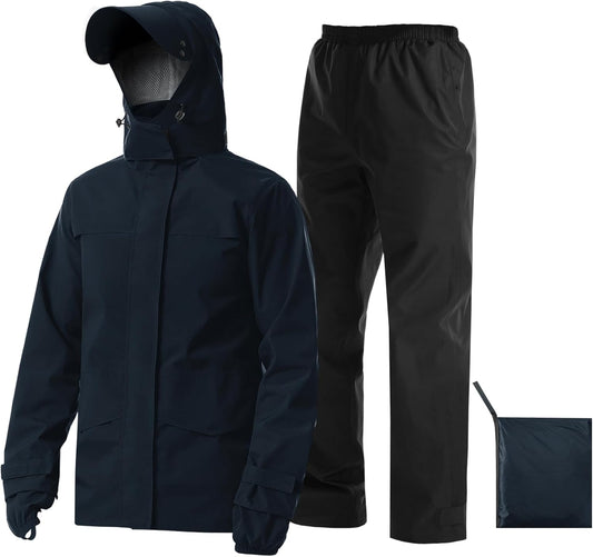 iCreek Rain Suit Waterproof Jacket with Pants 2 Pieces Breathable Lightweight Packable Raincoat with Hooded Rain Gear Unisex