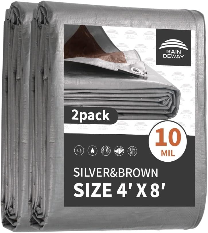 RAINDEWAY Tarps Heavy Duty Waterproof 4x8 Feet (2 Pack), 10Mil Multipurpose Small Tarp Cover with Metal Grommets and Reinforced Edges, Silver/Brown Tarp
