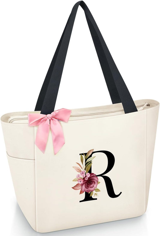 Vavabox Tote Bag, A-Z Initial Monogrammed Waterproof Tote Bag, Bridesmaid Gifts for Women, Black and Pink