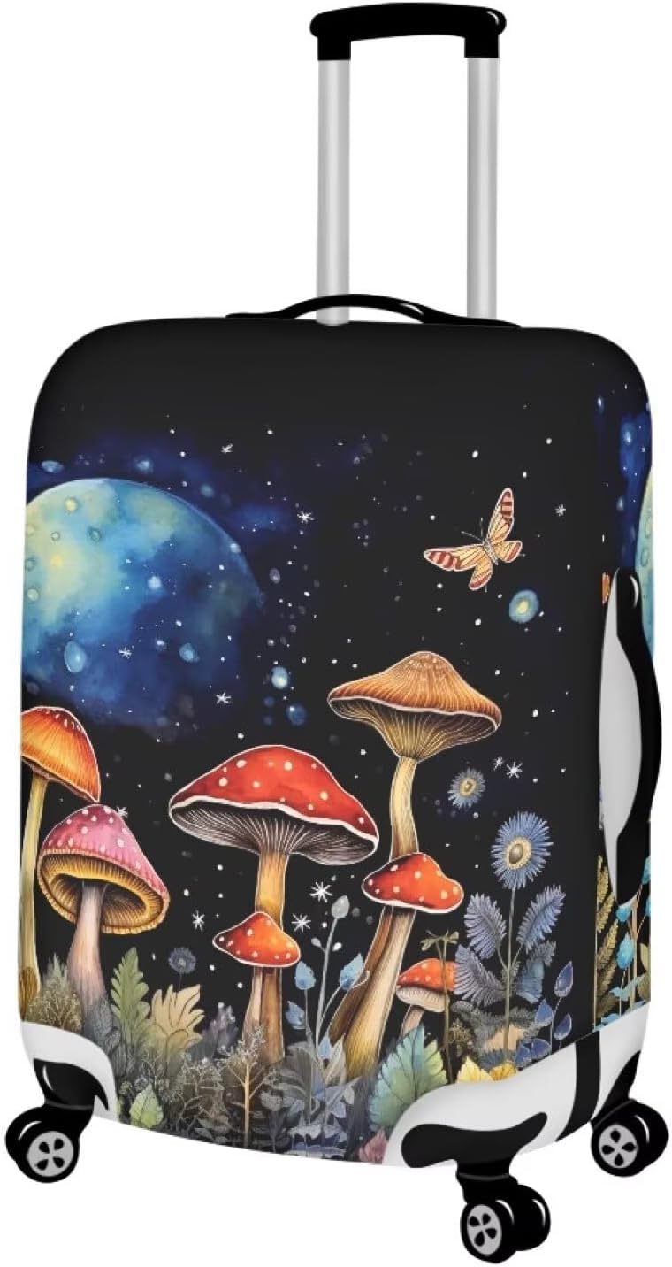 Butterfly Mushroom Print Travel Suitcase Cover Protector Elastic Zipper Closure Fit 22-25 Inch Luggage