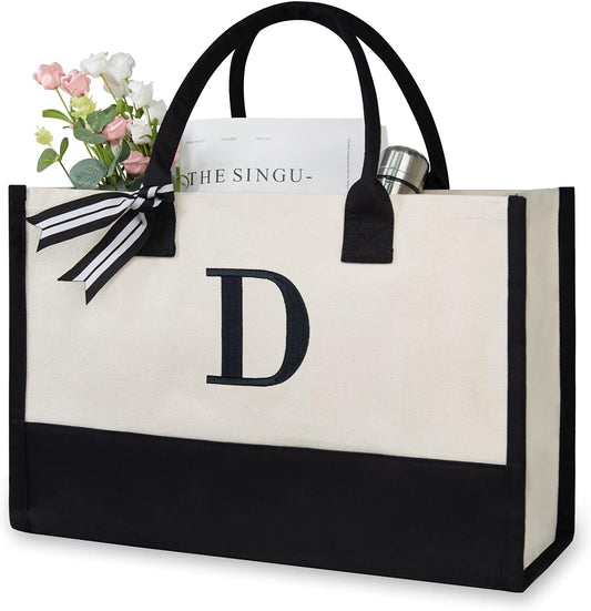 TOPDesign Embroidery Initial Canvas Tote Bag, Personalized Present Bag, Suitable for Wedding, Birthday, Beach, Holiday, is a Great Gift for Women, Mom, Teachers, Friends, Bridesmaids (Letter D)