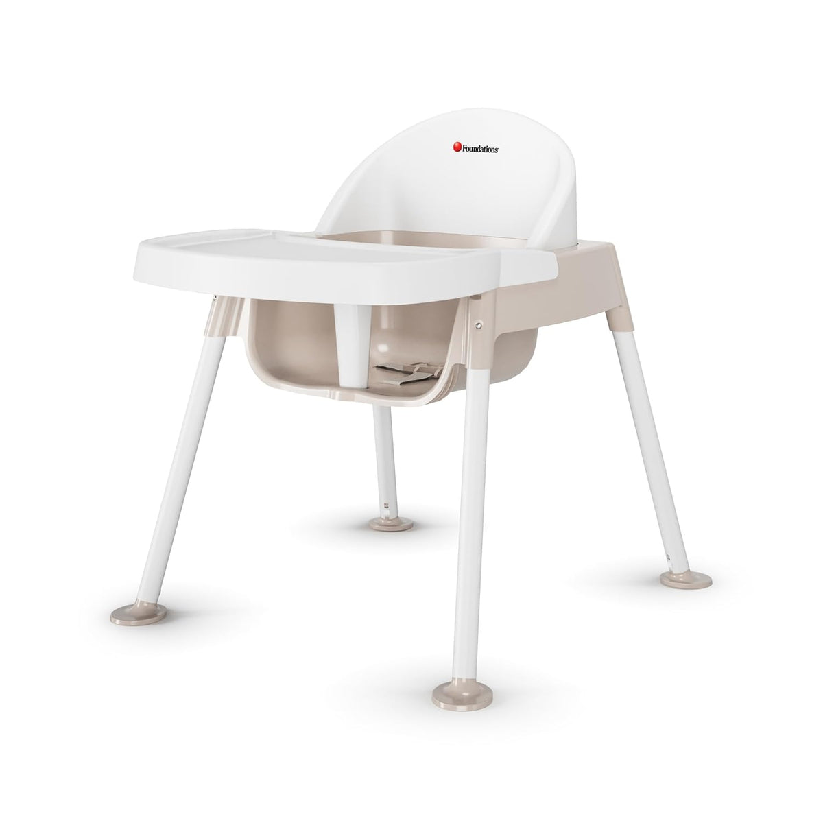 Foundations Secure Sitter 11" Feeding Chair, Stable “No Tip” Feet, 3-Point Adjustable Harness, Removable Tray, Easy to Clean, Smooth Plastic (White/Tan)